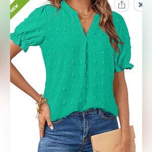 NWT- Merokeety Flowy Swiss Dot Blouse With Capped Ruffle Sleeves